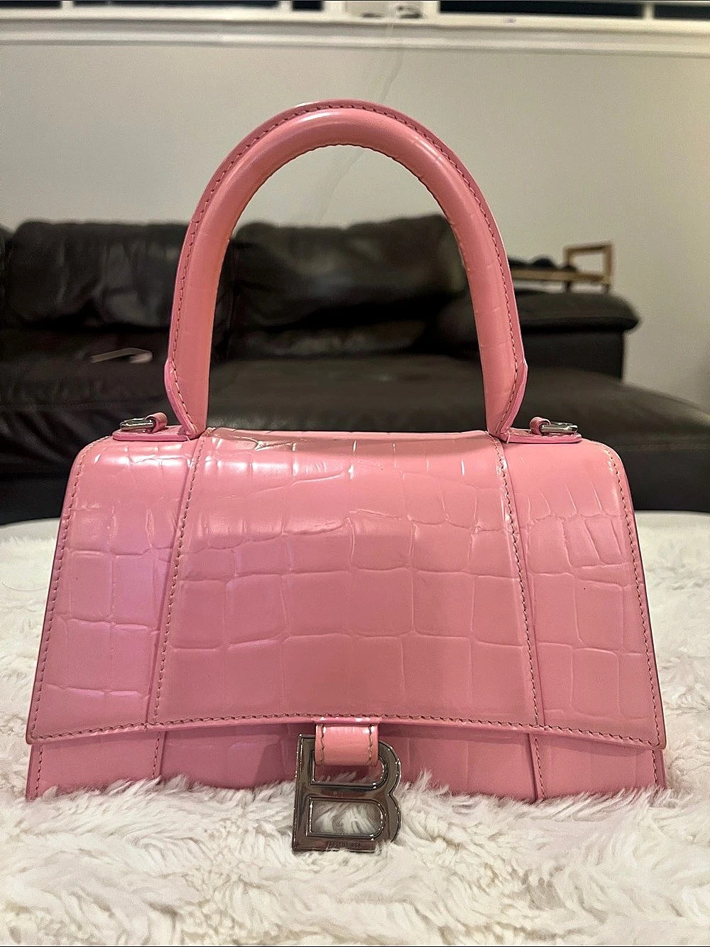 Balenciaga Hourglass Top Handle Bag Pink Crocodile-Embossed with Silver Hardware